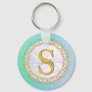 Personalized Monogram Mandala Gold and Blue Key Ring