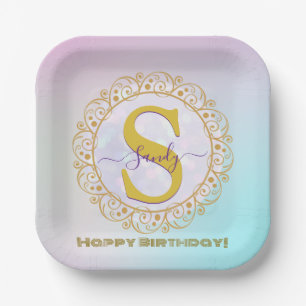 Personalized Monogram Mandala Gold and Blue Paper Plate