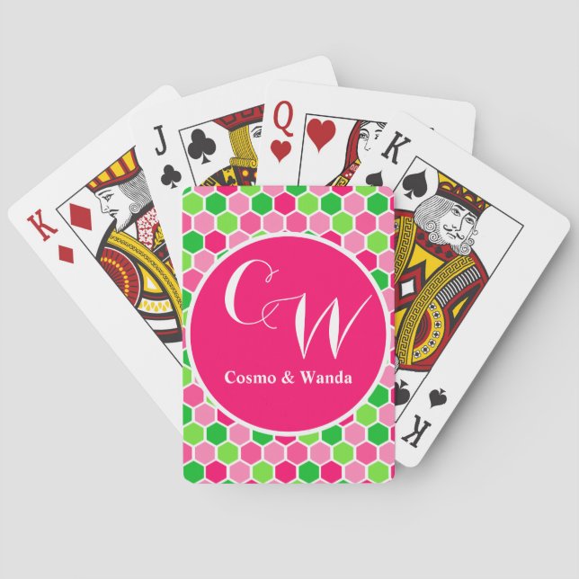 Personalized Monogram Pink Green Cosmo Honeycomb Playing Cards (Back)