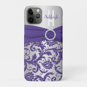Personalized Monogram  Purple and Silver Damask iPhone 11 Pro Case