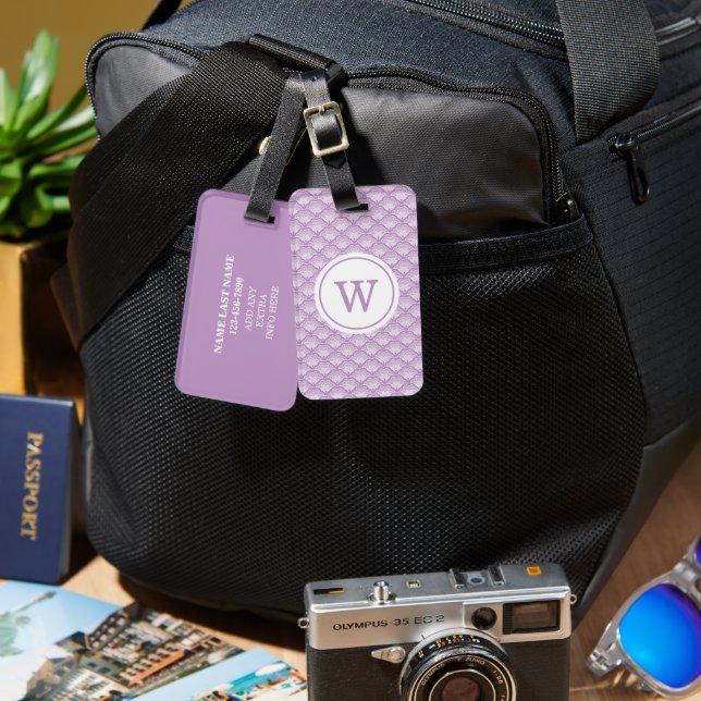 Personalized Monogram Purple Floral Pattern Luggage Tag (Front & Back)