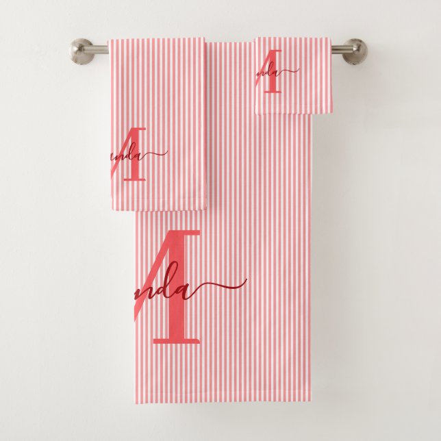 Personalized Monogram Red & White Stripes Bath Towel Set (Insitu)