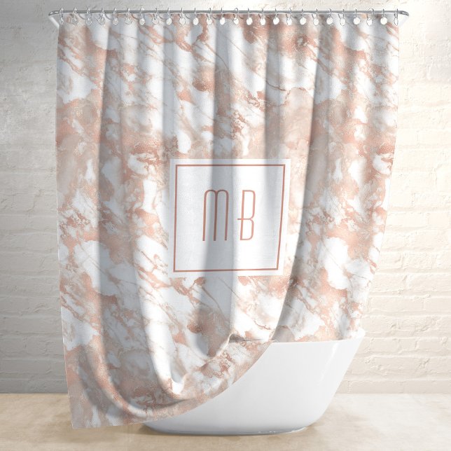 Personalized Monogram Rose Gold White Marble Shower Curtain (Personalized Monogram Rose Gold White Marble Shower Curtain)