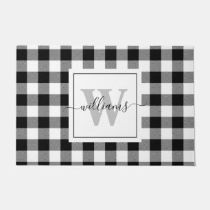 Personalized Monogram Script Black Buffalo Plaid Doormat