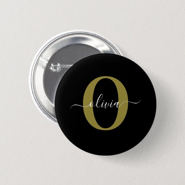 Personalized Monogram Script Name Black White Gold 6 Cm Round Badge (Front & Back)