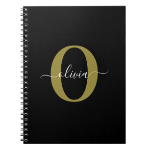 Personalized Monogram Script Name Black White Gold Notebook