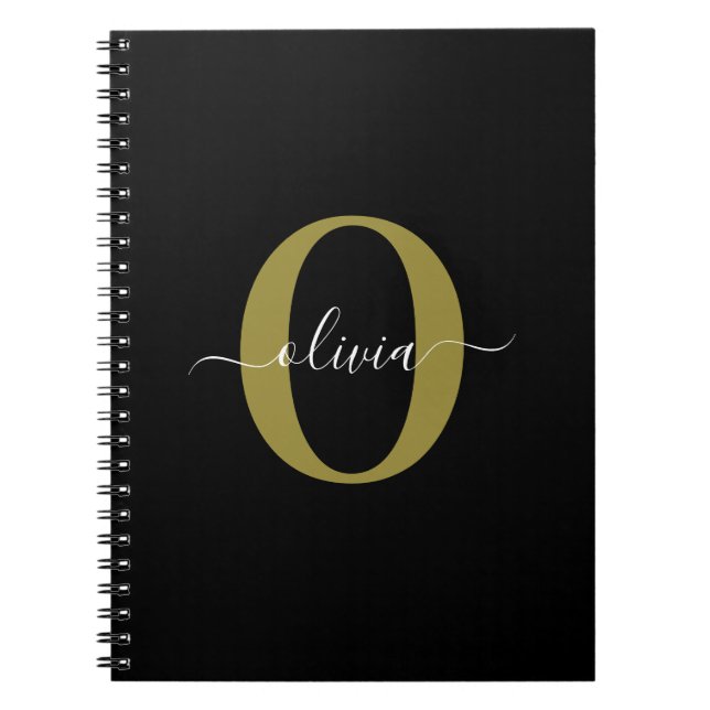 Personalized Monogram Script Name Black White Gold Notebook (Front)