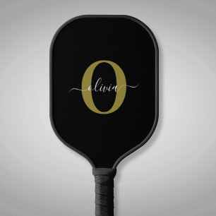 Personalized Monogram Script Name Black White Gold Pickleball Paddle
