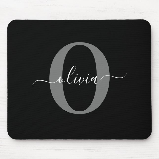 Personalized Monogram Script Name Black White Gray Mouse Pad (Front)