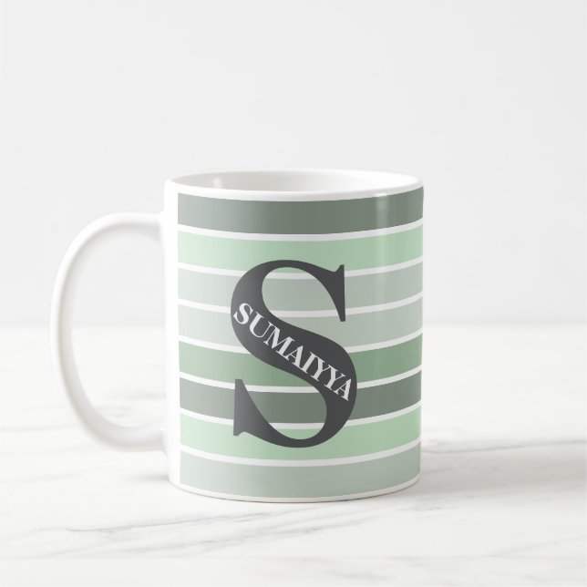 Personalized Monogram 'Shades of Green' Striped Coffee Mug (Left)