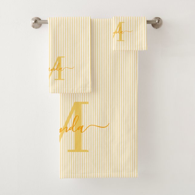 Personalized Monogram Yellow & White Stripes Bath Towel Set (Insitu)