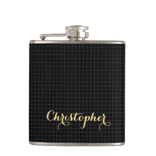 Personalized Monogrammed Modern Black Checkered Hip Flask