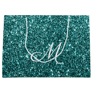 Personalized Monogrammed Teal Glitter Sparkle Large Gift Bag