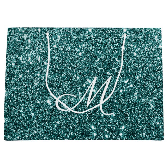 Personalized Monogrammed Teal Glitter Sparkle Large Gift Bag (Front)