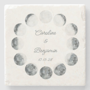 Personalized Moon Phase White Cosmic Wedding Date Stone Coaster