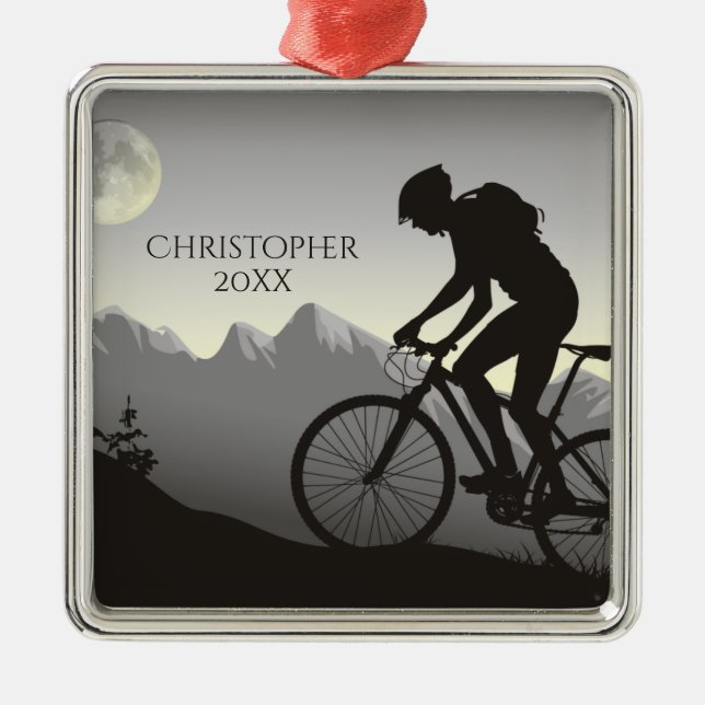 Personalized Mountain Bike Biking n Moon Christmas Metal Ornament (Front)