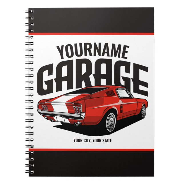 Personalized Muscle Car 1967 Red Fastback Garage Notebook (Front)