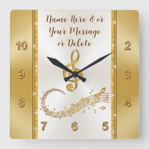 Personalized, Music Notes Clock, Gold and Ivory Square Wall Clock