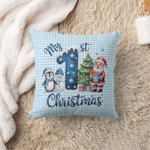 Personalized My 1st Christmas Blue & White Checker Cushion