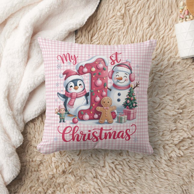Personalized My 1st Christmas Pink & White Checker Cushion (Blanket)