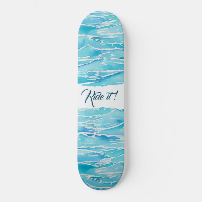 Personalized Name Beach Waves Watercolor beach Skateboard (Front)
