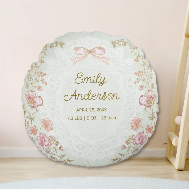 Personalized Name Birth Stats Watercolor Floral Round Cushion (In situ)