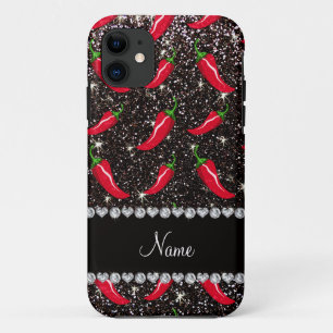 Personalized name black glitter chili pepper iPhone 11 case