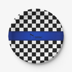 Personalized name Black white checkers blue stripe Paper Plate