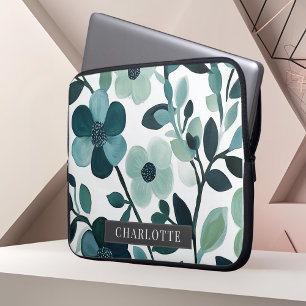 Personalized Name Blue Aqua Floral Vines  Laptop Sleeve