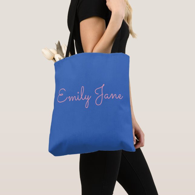 Personalized Name Blue Pink Bridesmaid Favor Tote Bag (Close Up)