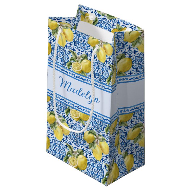 Personalized Name Blue Tile Mediterranean Lemon Small Gift Bag (Front Angled)