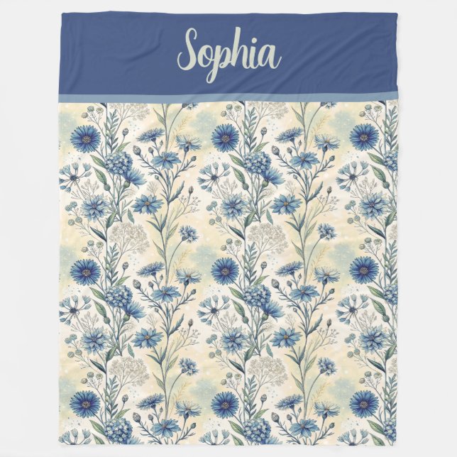 Personalized Name Blue Wildflowers Fleece Blanket (Front)