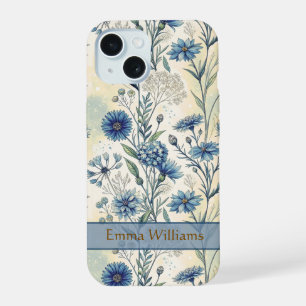 Personalized Name Blue Wildflowers iPhone 15 Case