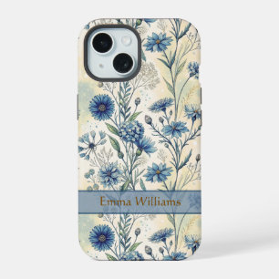Personalized Name Blue Wildflowers iPhone 15 Case
