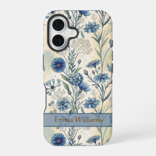 Personalized Name Blue Wildflowers iPhone 16 Case