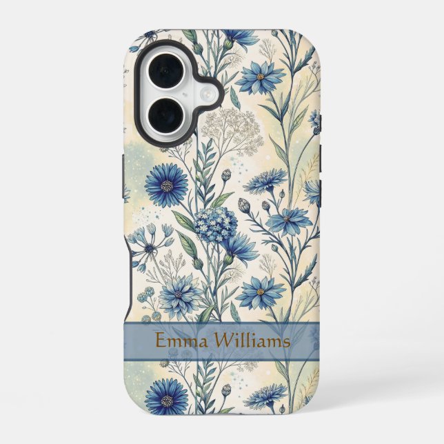 Personalized Name Blue Wildflowers iPhone 16 Case (Back)