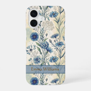 Personalized Name Blue Wildflowers iPhone 16 Case