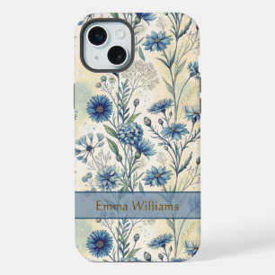 Personalized Name Blue Wildflowers iPhone 15 Plus Case