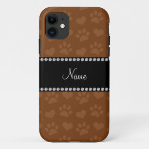 Personalized name brown hearts and paw prints iPhone 11 case