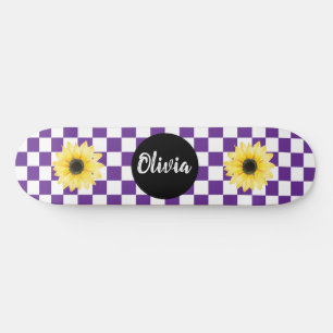  Personalized Name Checkerboard & Sunflower purple Skateboard