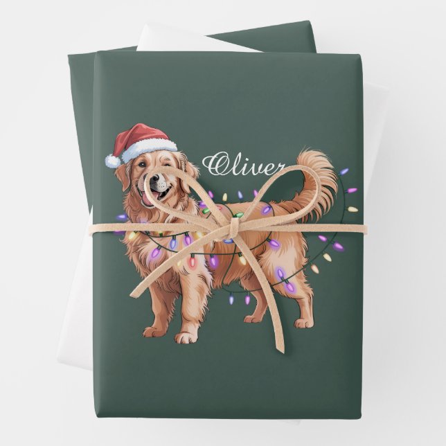 Personalized Name Christmas Golden Retriever Dog  Wrapping Paper Sheet (In situ)