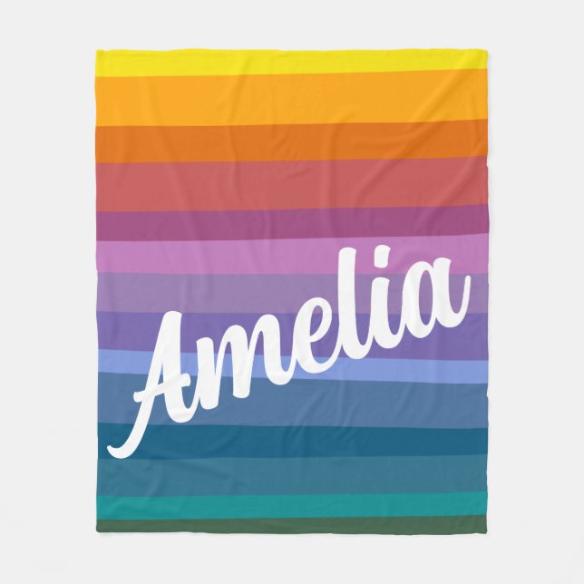 Personalized Name Colorful Bright Rainbow Stripes  Fleece Blanket (Front)