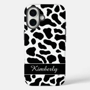 Personalized Name Cow Print Black White iPhone 16 Case