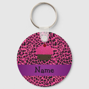 Personalized name cupcake pink leopard print key ring