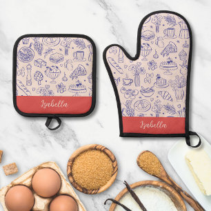 Personalized Name Cute Hand Drawn Food Oven Mitt & Pot Holder Set