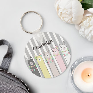 Personalized Name Cute Retro Colorful Llamas Key Ring
