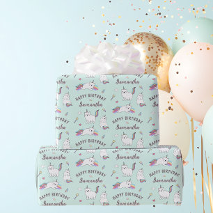 Personalized Name Cute Unicorn Cat Birthday Wrapping Paper