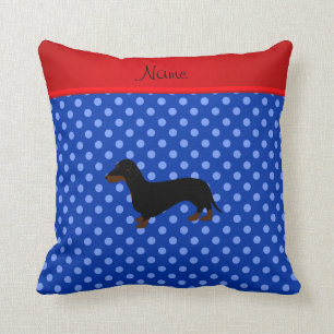 Personalized name dachshund blue polka dots cushion