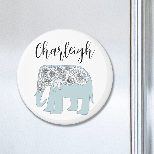 Personalized Name Elegant Blue Paisley Elephant Magnet (Creator Uploaded)