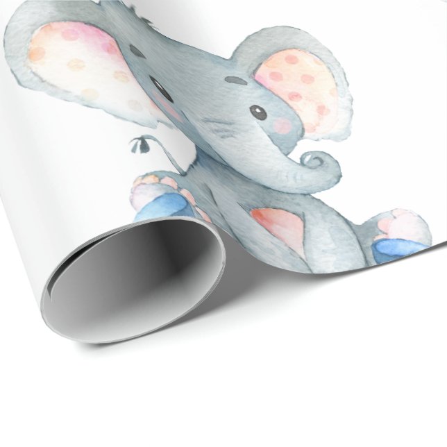 Personalized Name Elephant Baby Boy Blue and Gray Wrapping Paper (Roll Corner)